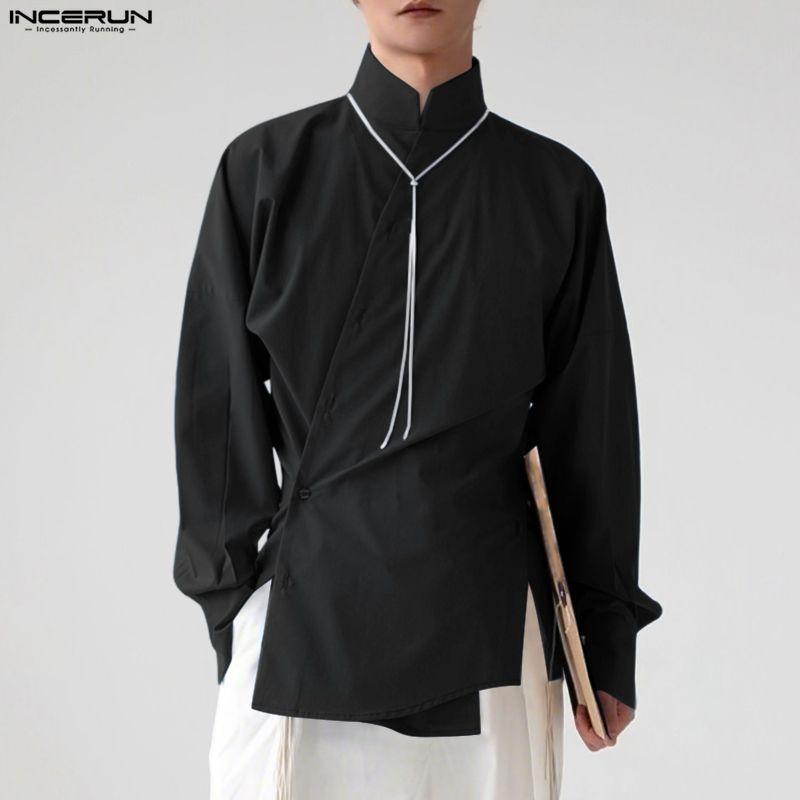 INCERUN S-5XL Мужские повседневные рубашки с воротником-стойкой, длинным рукавом и боковыми пуговицами