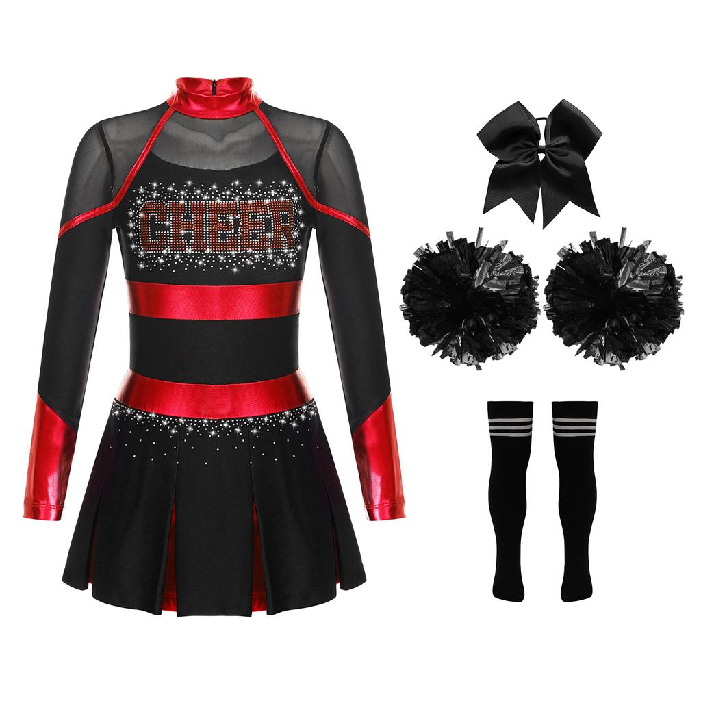 Girls Cheerleading Dance Outfit Halloween Fancy Dress Up Long Sleeve Dress Cheer Leader Uniform Masquerade Cosplay Outfits