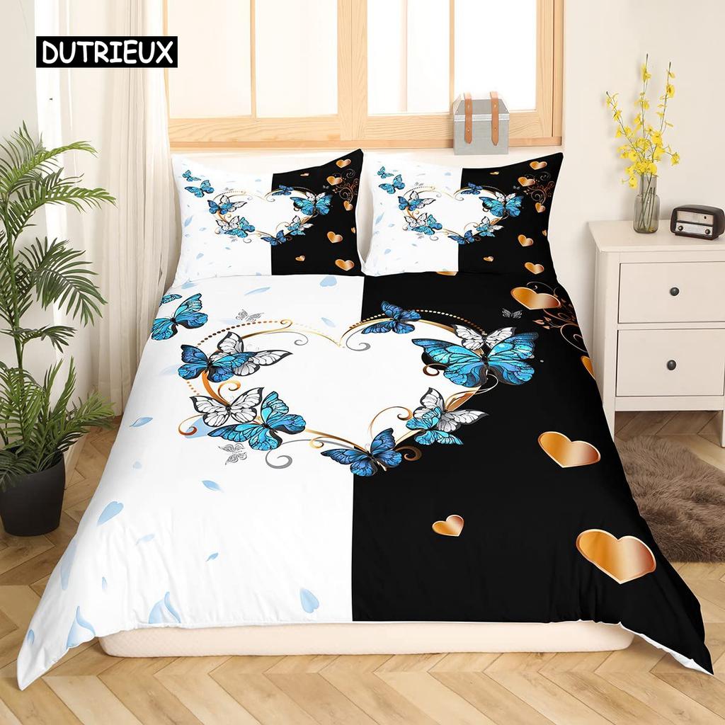 Black and White Duvet Cover Set King and Queen Bedding Set for Couple Romantic Valentine's Day Presents Polyester Duvet Cover