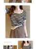 2025 Summer Women's Slim Fit Short Sleeve Striped Ice Silk Knit Top with Square Neck