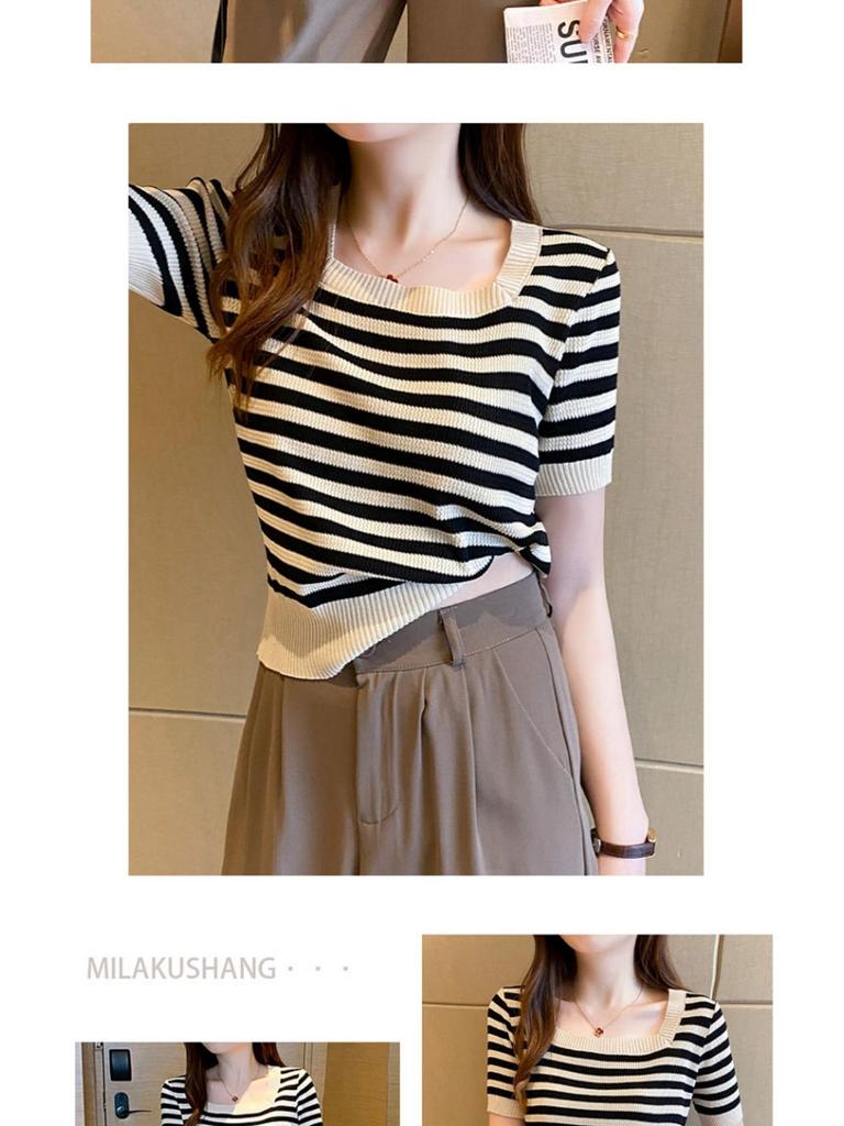 2025 Summer Women's Slim Fit Short Sleeve Striped Ice Silk Knit Top with Square Neck