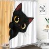Милая черная кошка Занавеска для душа Кошка заглядывает из двери Мультяшное искусство Любитель домашних животных Декор Водонепроницаемая ткань Набор занавесок для ванной Комнатный стиль