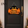 Holiday Home Wall Decorations Halloween Wooden Door Hanging Plaque, Printed Black Cat Pumpkin Castle Spider Web Front Autumn Festival Ornaments Sign,