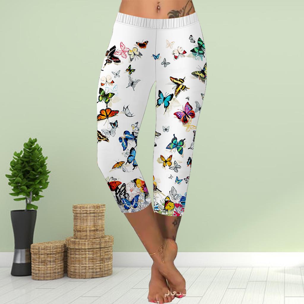 Брюки летние короткие леггинсы укороченные узкие брюки леггинсы больших размеров женские облегающие брюки с принтом 3D белых бабочек и цветов