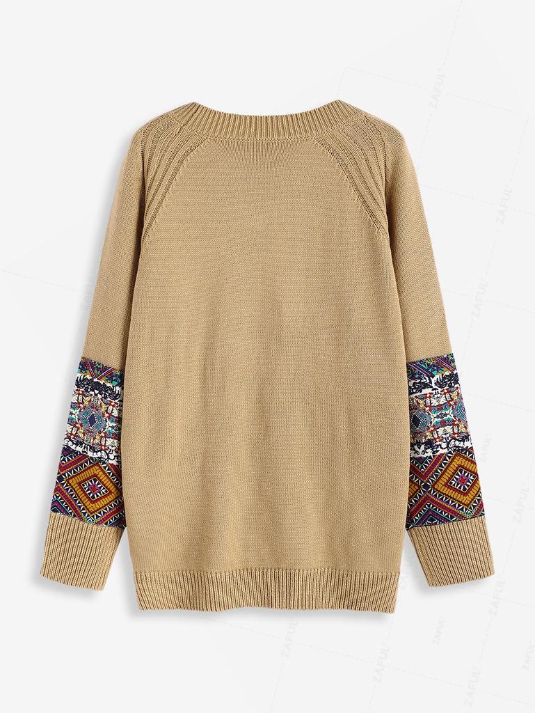 ZAFUL Женский повседневный свитер в этническом стиле с геометрическим рисунком ацтеков, рукавом реглан, круглым вырезом и боковыми разрезами, асимметричным кроем