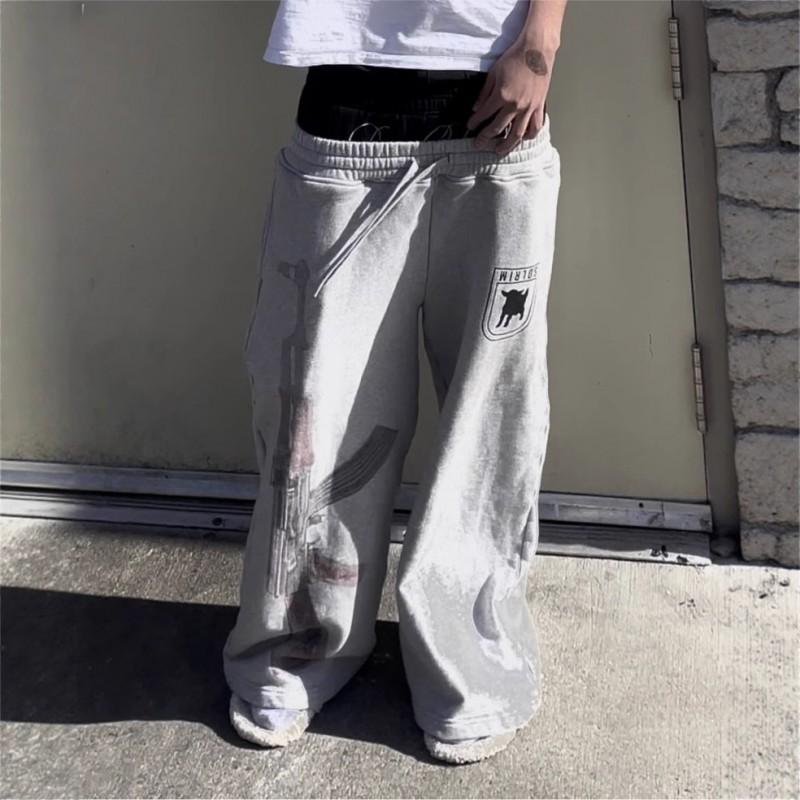 Mens Retro Hip Hop Loose Fit - Dual Waistband Printed Streetwear Pants