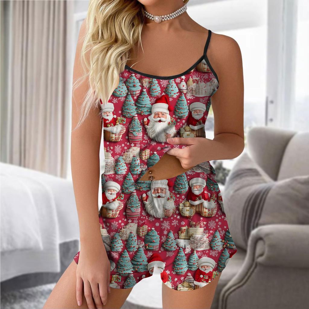 Ladies Fashion Casual Sleeveless Top Shorts Christmas Printed Pajama Set