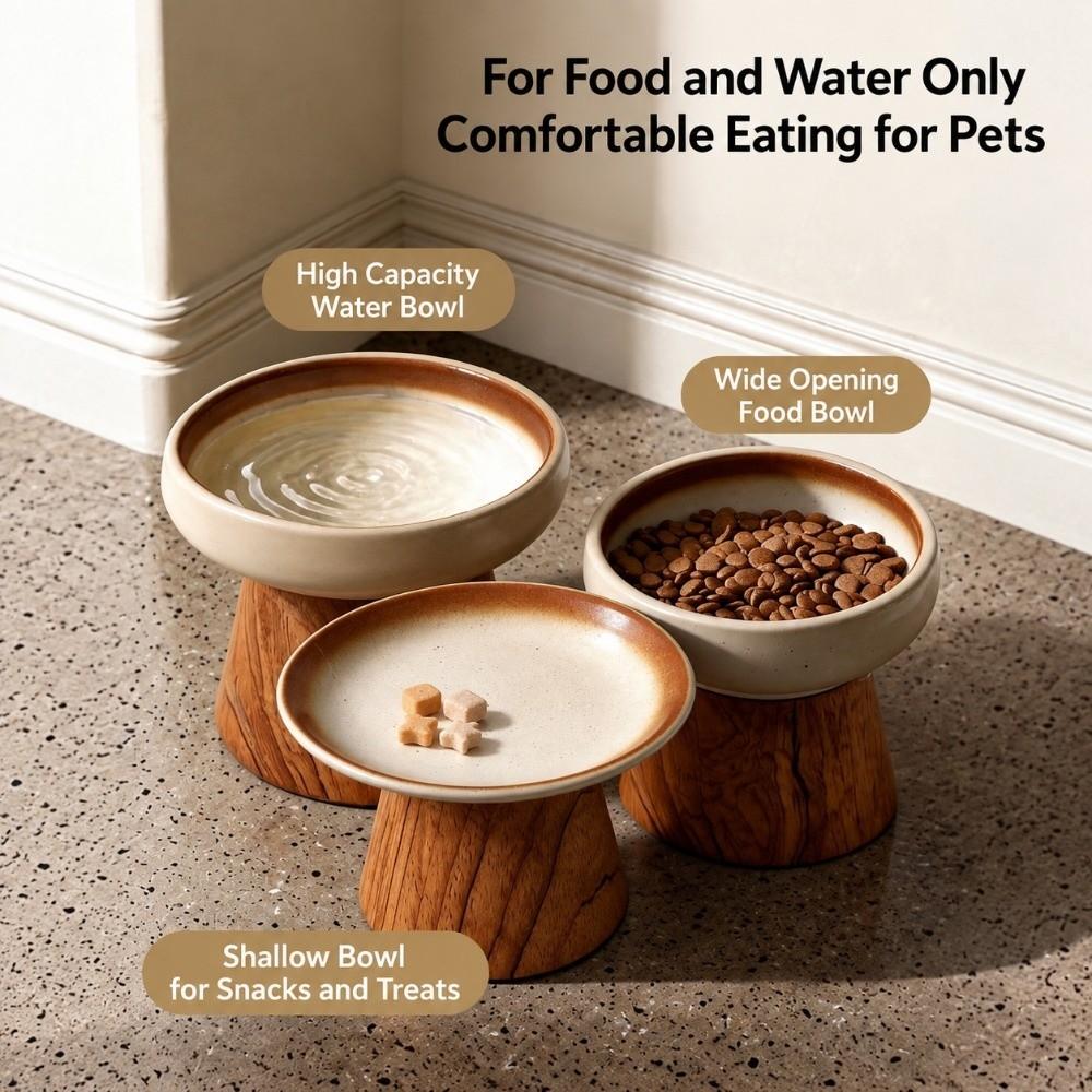 Large Caliber Ceramic Cat Bowl Wood Base Cat Food Bowl Pet Bowl Elevated Cat Bowl Pet Feeder