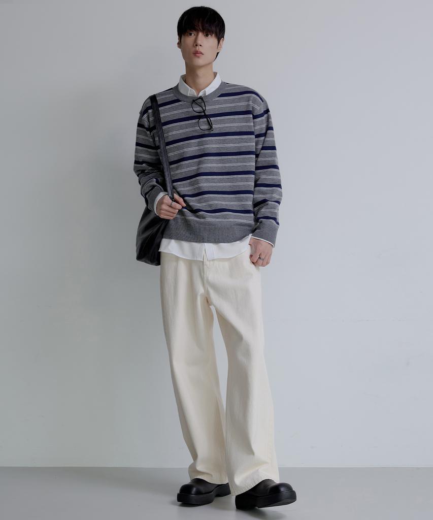 NODU Triple Stripe Semi-Crop Knit [Gray]