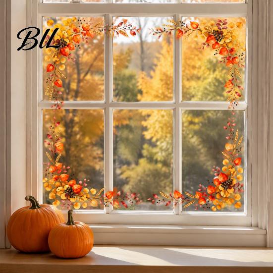 Removable Window Film Harvest Festival Static Glass Sticker, Autumn Clings with Maple Leaves Sunflowers And Seasonal Art Berries Prints, Reusable PVC