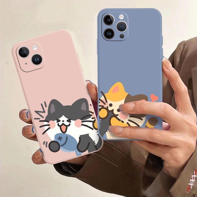 Милый чехол для телефона с парой кошек для iPhone 15 14 13 12 11 Pro Max Mini X XR 7 8 SE Plus SE20 Кавайный мультяшный животный пятнистый кошачий чехол