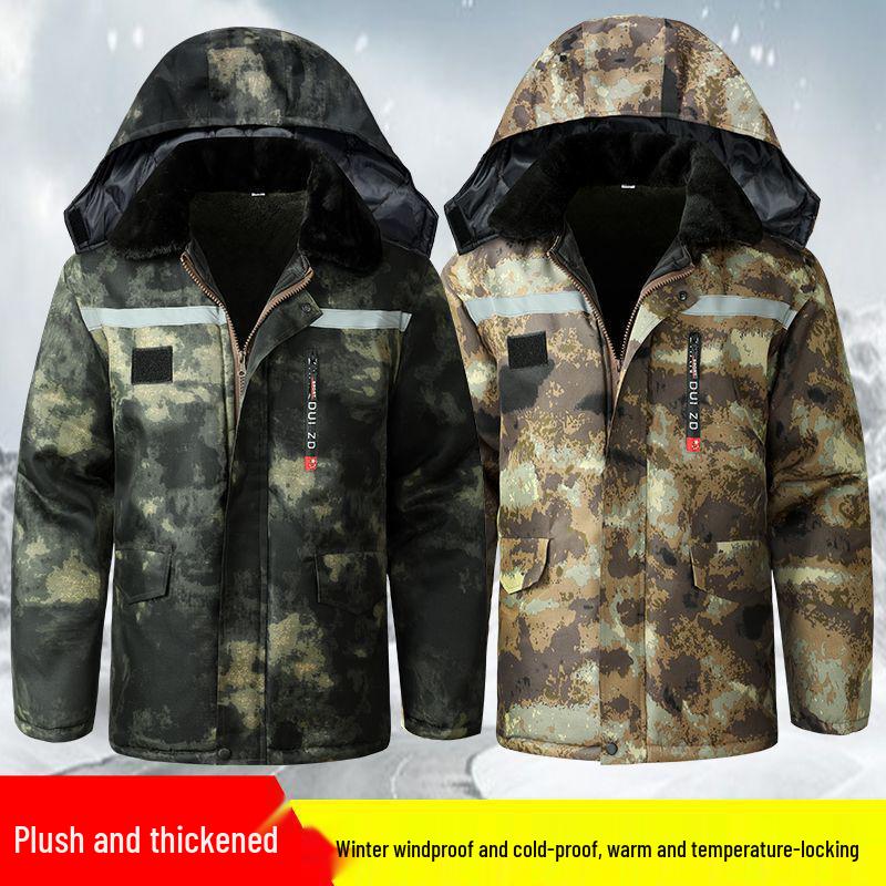 Windproof Camouflage Fleece-Lined Military Overcoat: Cold-Resistant, Waterproof, Mid-Length, Cotton-Padded Jacket for Cold Storage Labor Protection