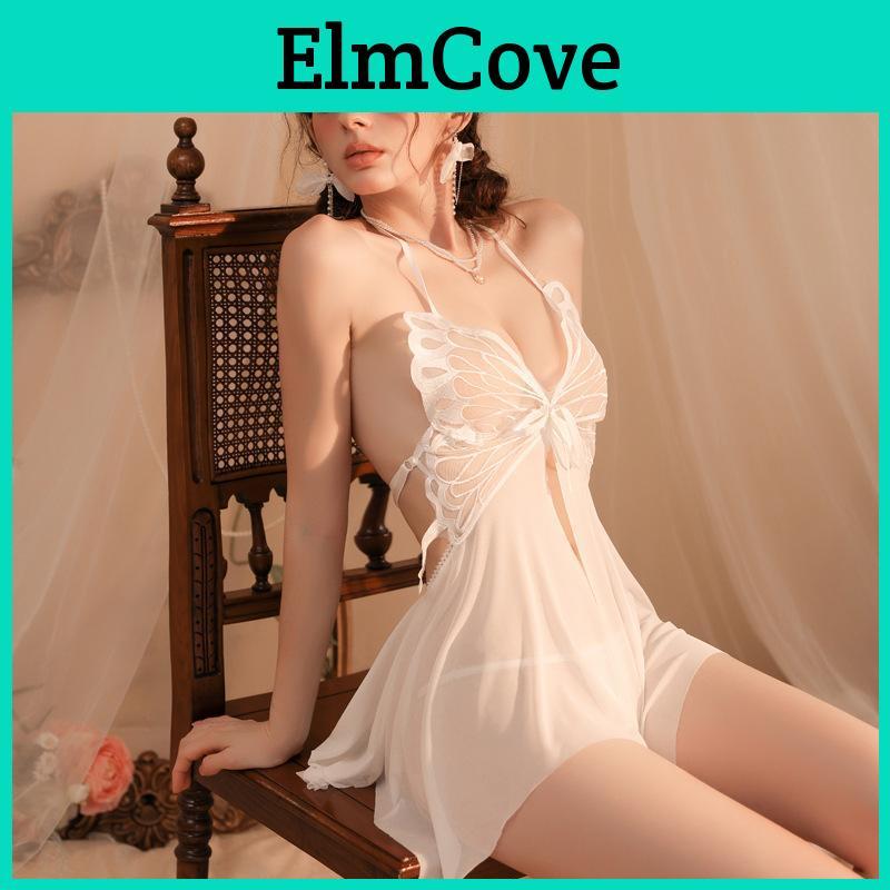 Deep V Pure Lingerie Fun Desire Mesh Nightgown Set Seductive Passion Hot Perspective Butterfly Uniform 7394
