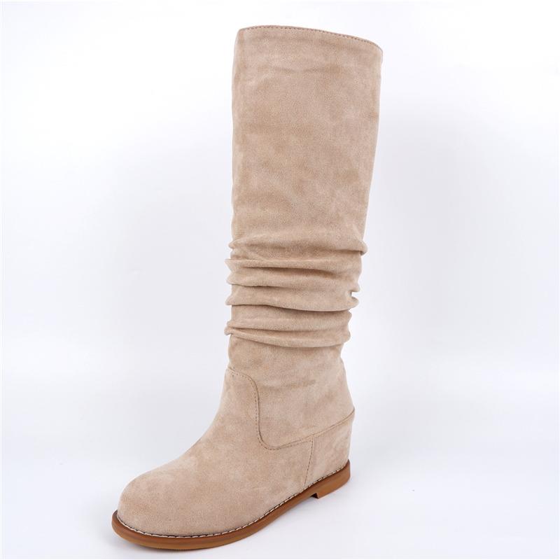 Suede Leather Women's High Boots Winter Shoes Pleated Hidden Heels Wedge Knee High Boots For Women Warm Fur Flats Boots Ladies
