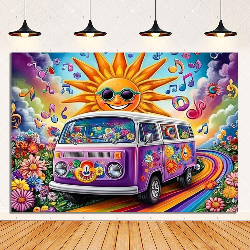Colorful Hippie Bus Background Banner Bohemian Style Theme Backdrop Supplies Love And Peace Party Decorations Photography Props