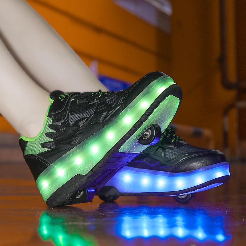 Детская светящаяся обувь, двухколесные беговые дорожки, четырехколесные роликовые коньки, перезаряжаемые взрослые колеса, шнурки, фонари, мужская и женская спортивная обувь
