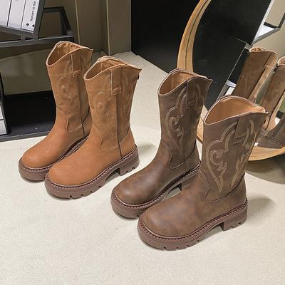 Вышитые сапоги, детские ботинки Martin, коричневые длинные сапоги, ковбойские сапоги в стиле вестерн, женские сапоги