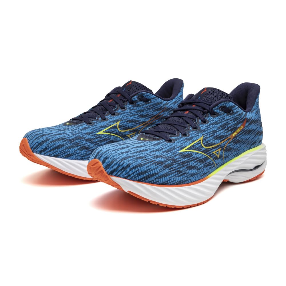 Mizuno Кроссовки Wave Rider 28 для бега, толстые, синие x светло-зеленые x 4E, для бега трусцой, марафона, тренировок, спорта, легкие, упругие, подошва, мужские, красные, 27.5