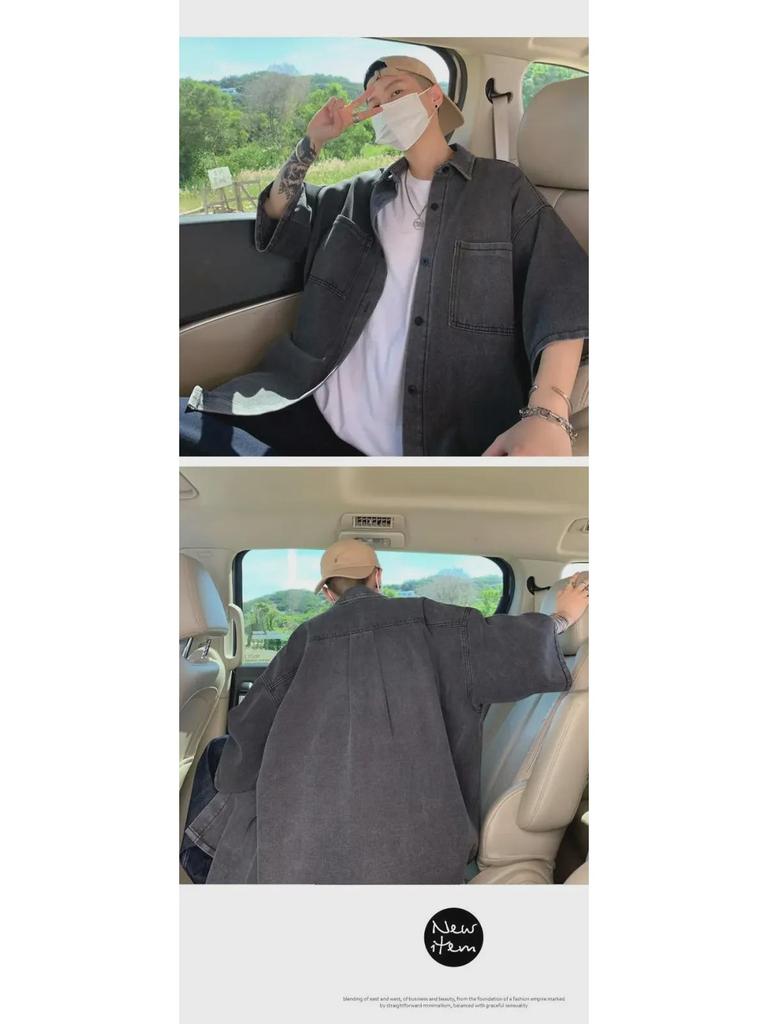 Мужская летняя рабочая джинсовая рубашка с коротким рукавом - модный японский гонконгский стиль