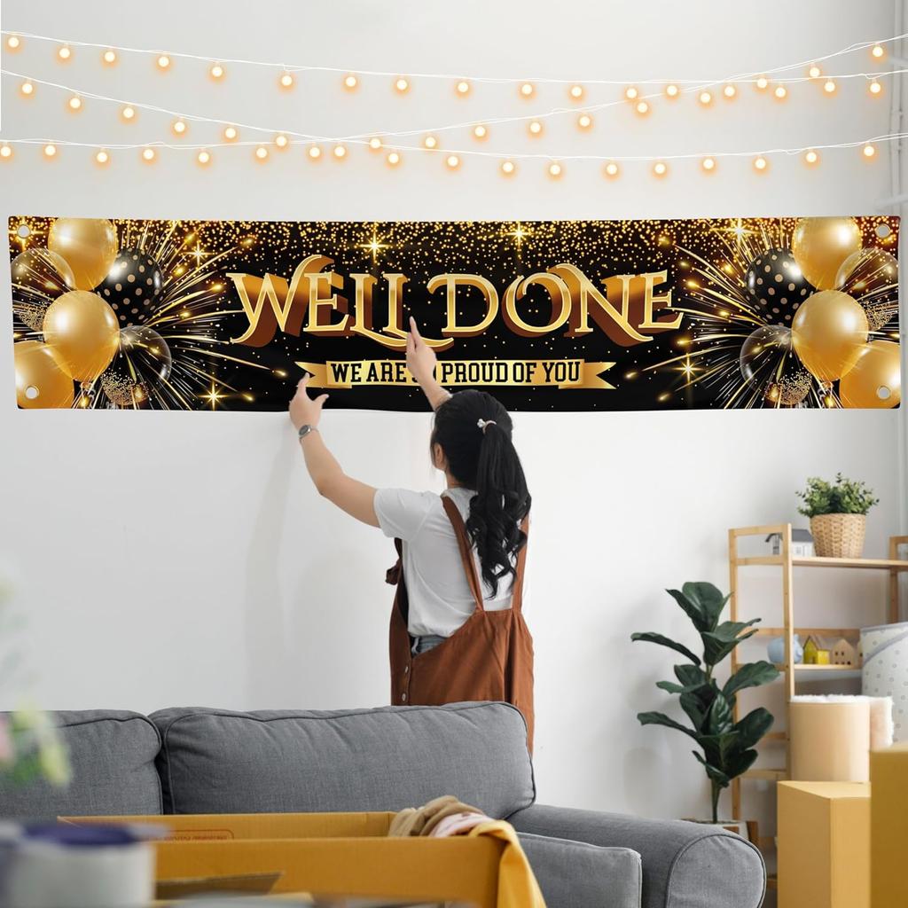 Well Done Congratulations Banner - We Are so Proud of You - Graduation Decorations for Prom - 6 x 1.3ft (Black and Gold)