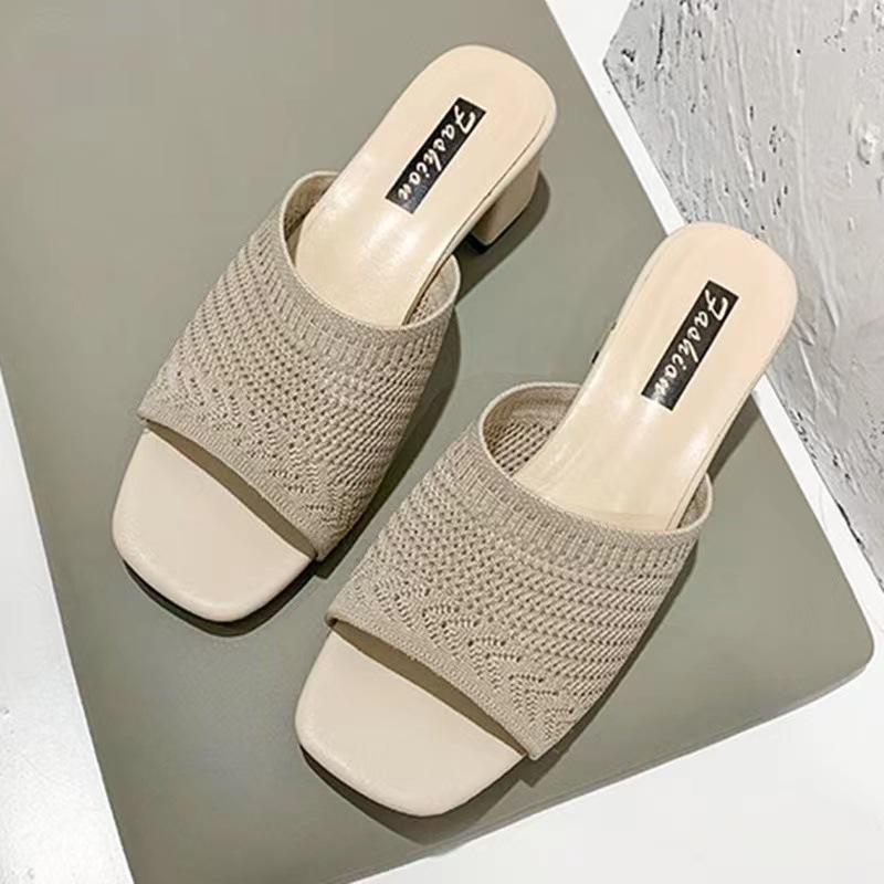 Medium heel cool slippers women's summer new fly-woven outer wear one-word fashion women's cool slippers