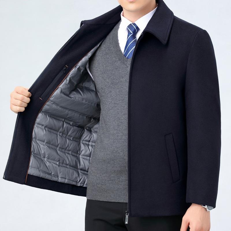 Шерстяная куртка для мужчин среднего возраста, подкладка из утиного пуха, кашемировый лацкан, зимний утепленный верх