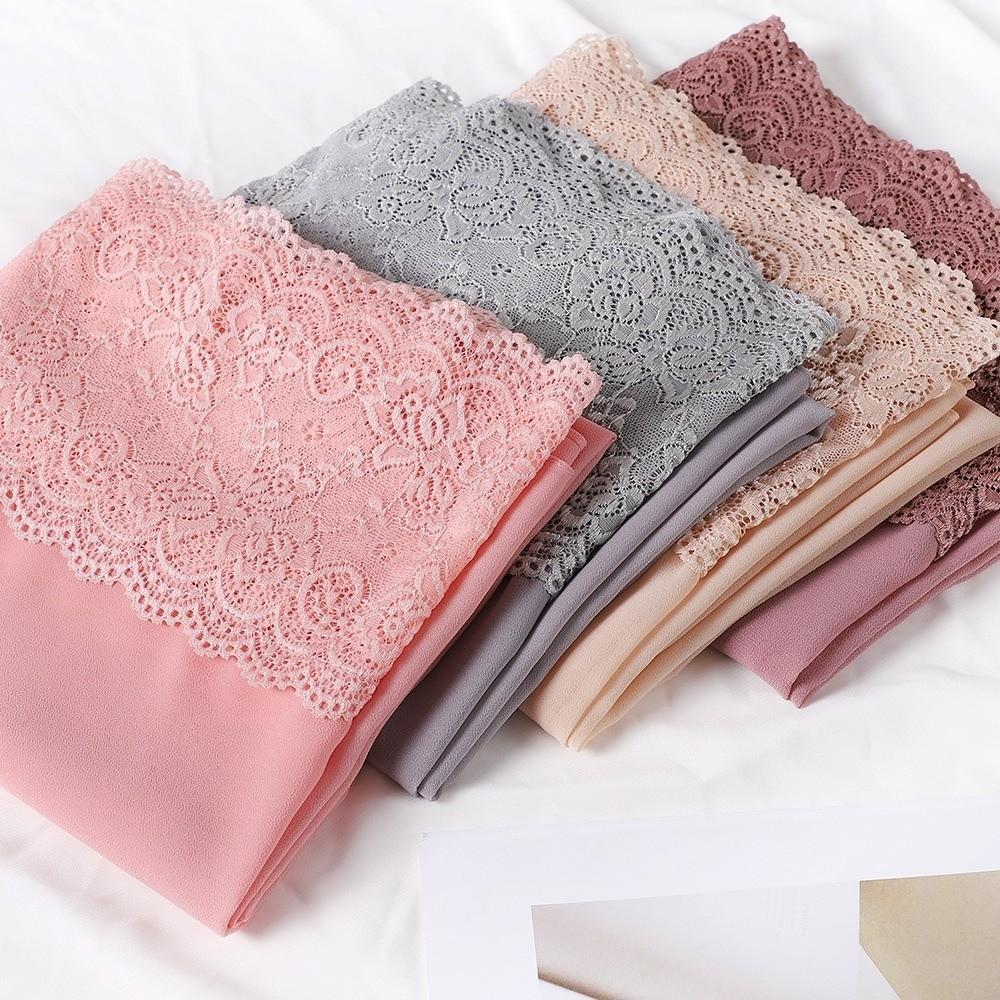 Solid Color Silk Scarf Lace Edge Ramadan Headscarf Versatile Headwraps Women Headwear