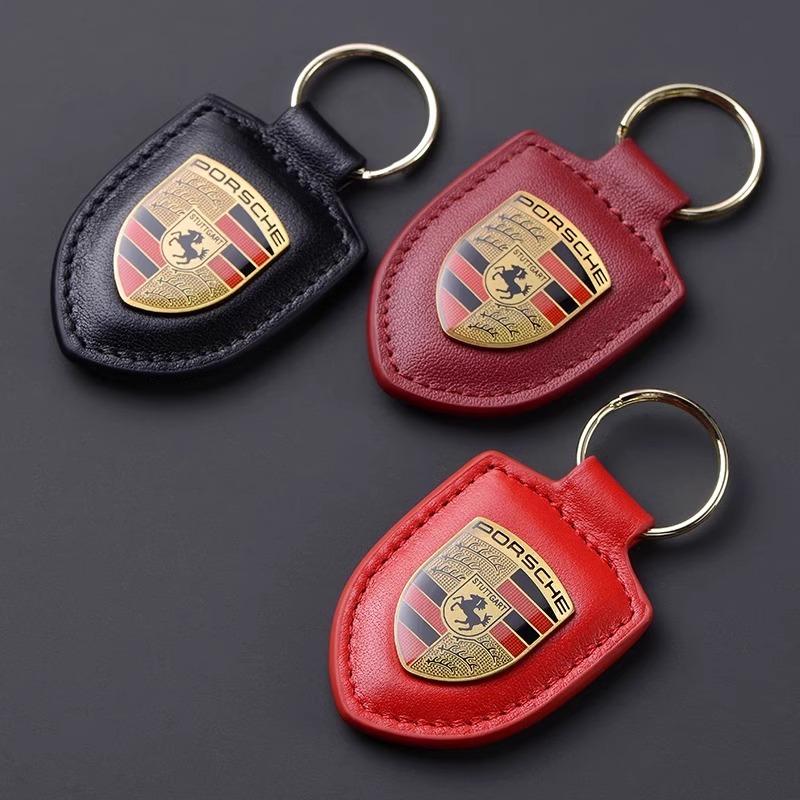 AAOY1 For Porsche 911 718 Cayenne Cayman Panamera Macan Taycan Boxster Car Keychain Key Holder Shield Leather Key Rings Men Women Gift