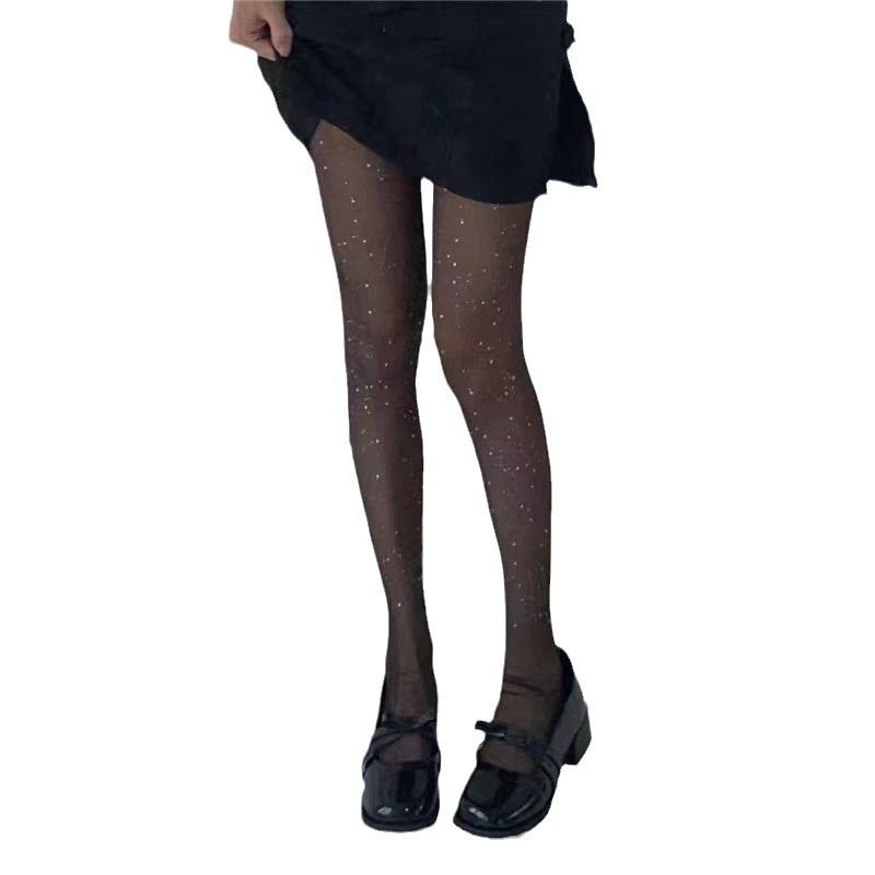Korean Starry Sky Silver Sequin Black Pantyhose for Women