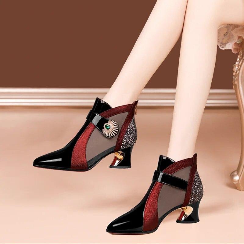 Summer Mesh Breathable Sandals with Rhinestone Decoration Shaped Heels Retro British Style Sandals Leather Boots Women