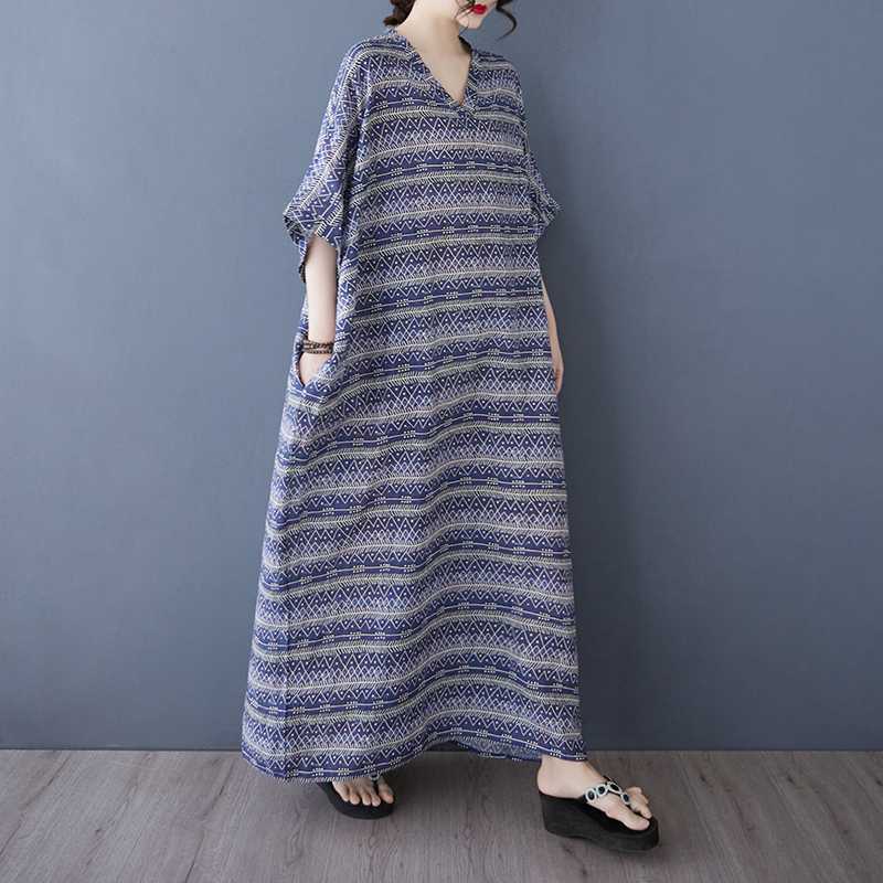 Летний цвет Отпускной стиль Туризм V-образный вырез Ретро Длинная юбка Хлопково-льняное платье