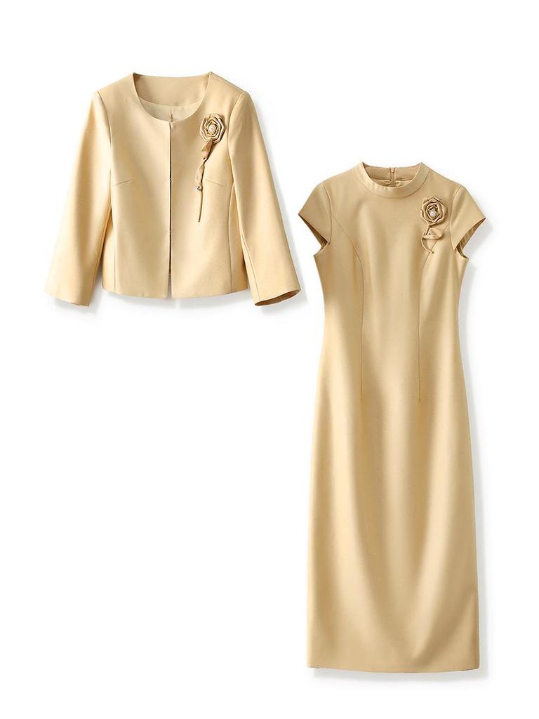 High-Quality Floral 3D Round Neck Jacket & Dress Two-Piece Set for Women