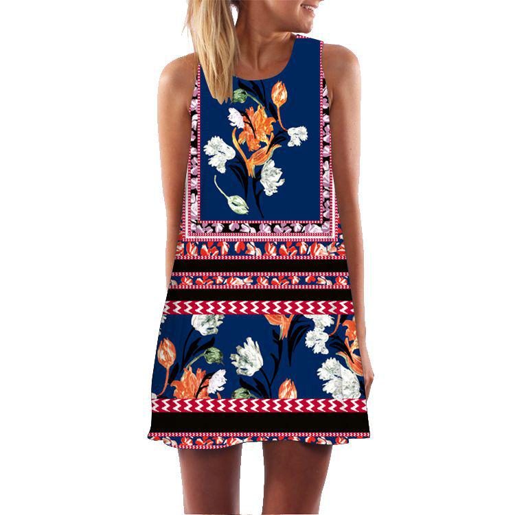 European and American new retro digital printing crew neck hot-selling off-the-shoulder medium and long vest dress