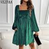 Women's Fashion Spring Fall Solid Color Print Long Sleeve Square Collar Loose Waistline Casual Dresses