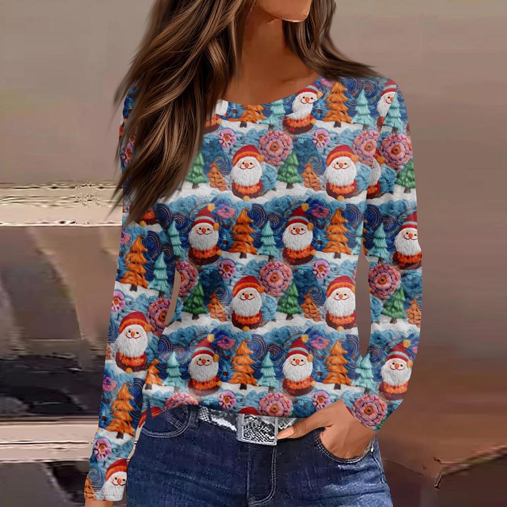 Women's Fashion Hem Slit Casual Christmas Printed Round Neck Long Sleeve Top