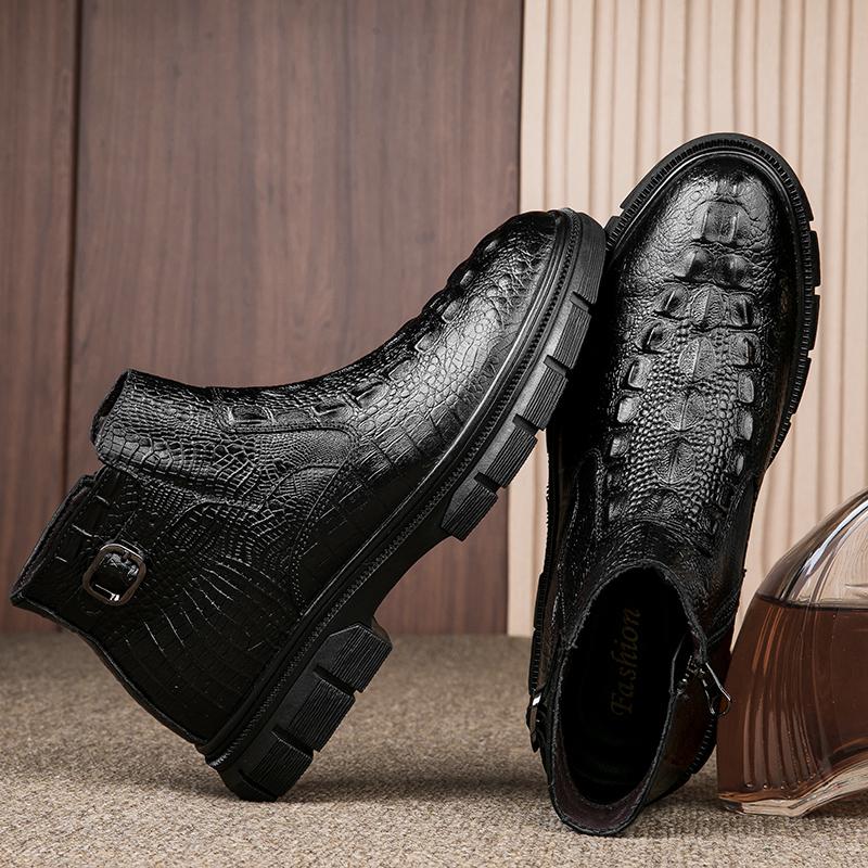 Мужские высокие ботинки из натуральной кожи, новые мужские ботильоны с крокодиловым узором, высококачественные ботинки «Челси», теплые зимние ботинки с плюшевым мехом