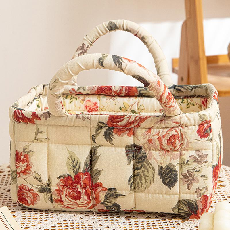 Floral Pattern Storage Basket Women Large Capacity Fabric Sweet Laundry Baskets With Easy Carry Handles Hampers Travel Tote Bag+
