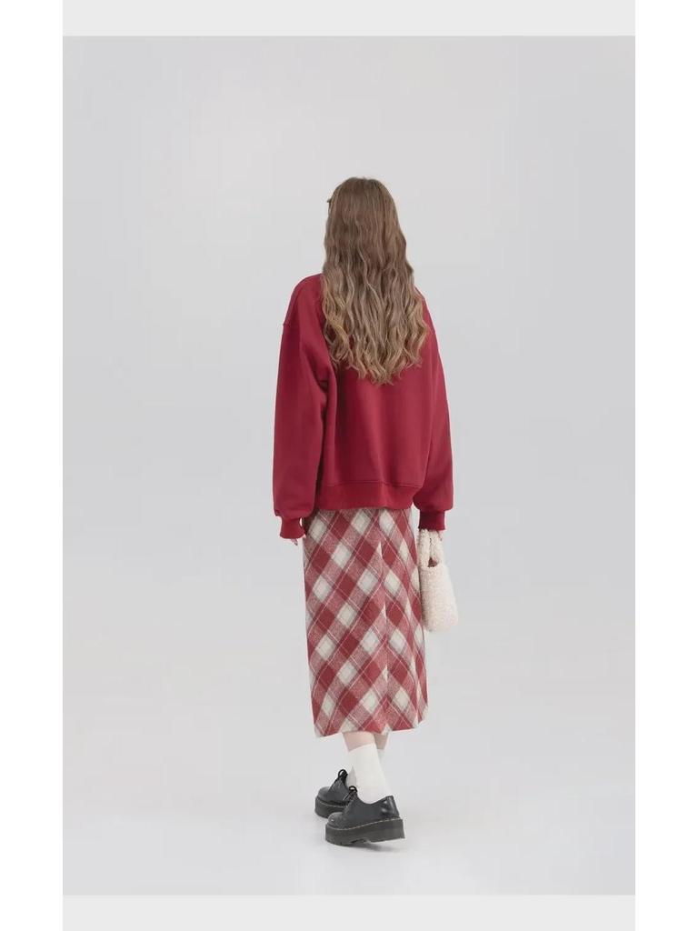 Красная шерстяная юбка в клетку с высокой талией для стройных фигур типа «груша» — корейский стиль, А-силуэт, идеально подходит для весны и осени