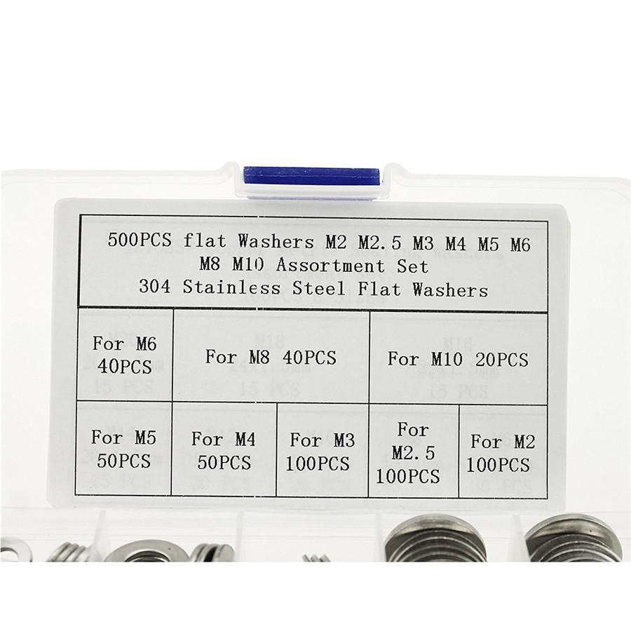 500X Stainless Steel Flat Washers Kit For M2 M2.5 M3 M4 M5 M6 M8 M10 Screws Bolt