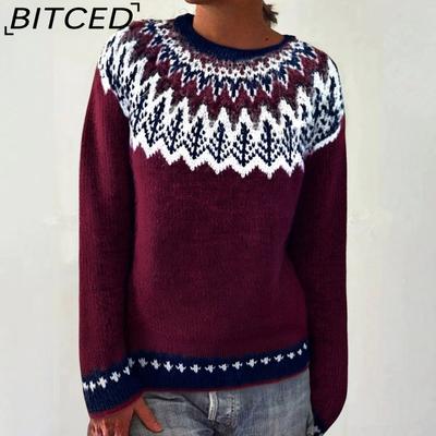 Женский свитер - Пуловер вязаный модный оверсайз с круглым вырезом и цветными блоками