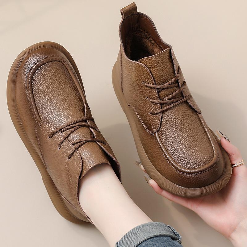 First layer cowhide winter muffin platform short boots retro boots mother shoes rubber sole velvet warm fashion