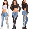 Fashion Women Lace Hollow Out Floral Appliques Skinny Denim Jeans Pencil Pants