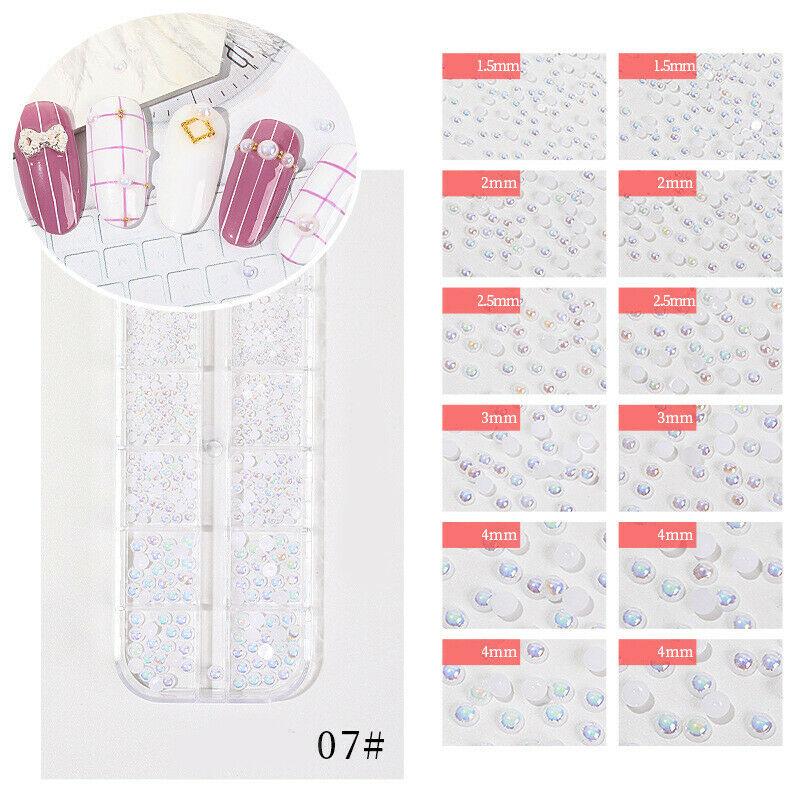 12 сеток/коробка, смешанный размер, белый AB, жемчуг, украшение для ногтей, аксессуары для ногтей, украшение для ногтей