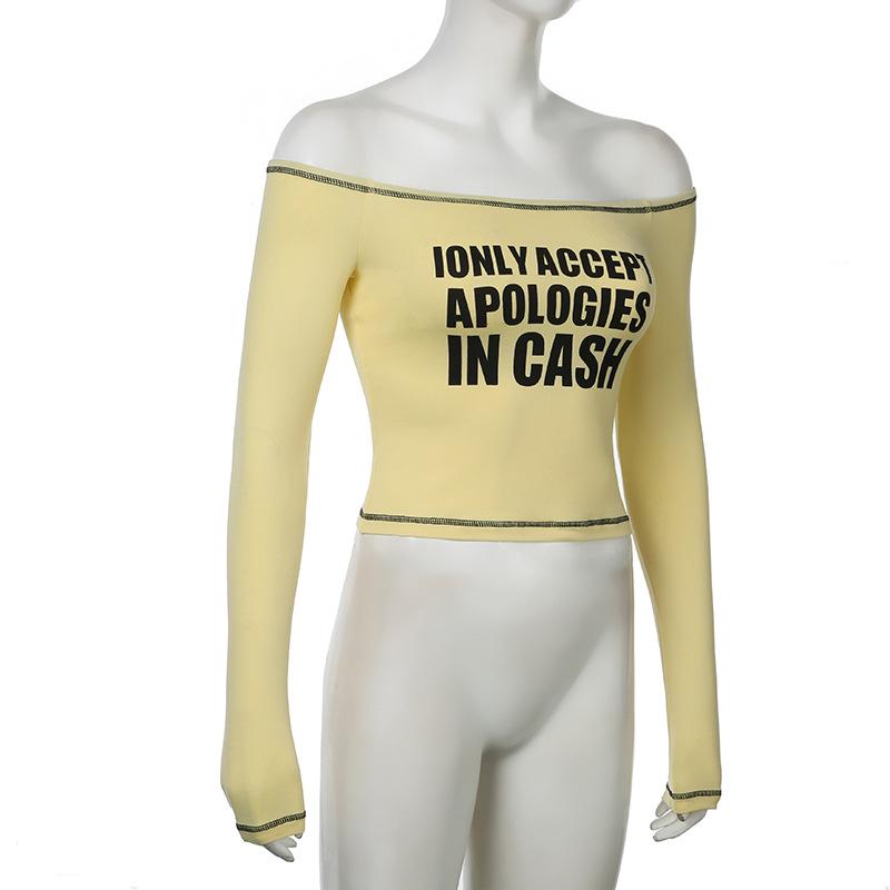 Европейский и американский осенне-зимний женский сексуальный топ-футболка с открытым плечом и принтом букв