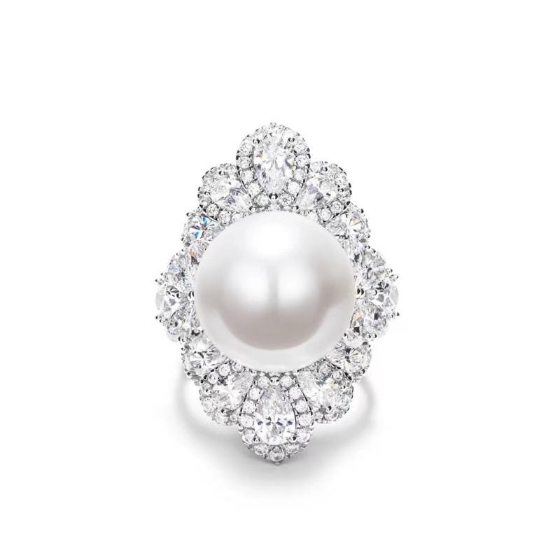 BELLA BOX Luxury Retro Court Style Artificial Fritillaria Full Drill Pearl Ring Suitable For Women's Daily Party Fashion Jewelry