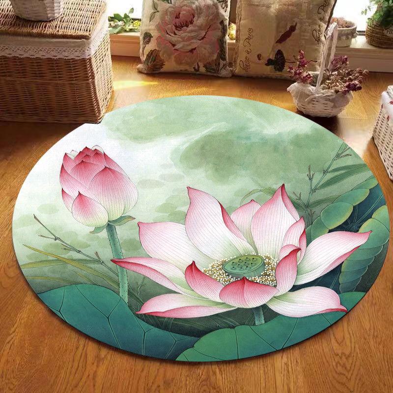 Круглый ковер в китайском стиле с принтом лотоса для украшения дома, гостиной, спальни, дивана, прикроватный напольный ковер