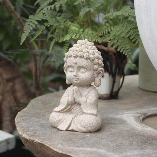Mini Faux Sandstone Buddha Statue Small Zen Monk Praying Sculpture