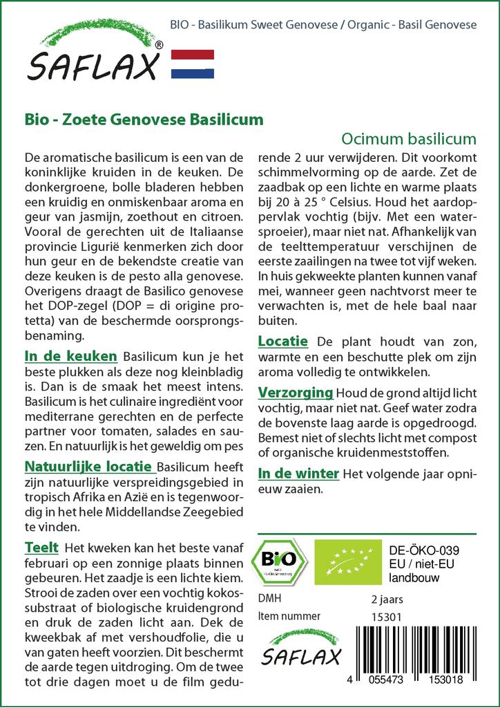 SAFLAX Сад в сумке - Органический - Базилик генуэзский - 800 семян - С субстратом в подходящей устойчивой сумке - Ocimum basilicum