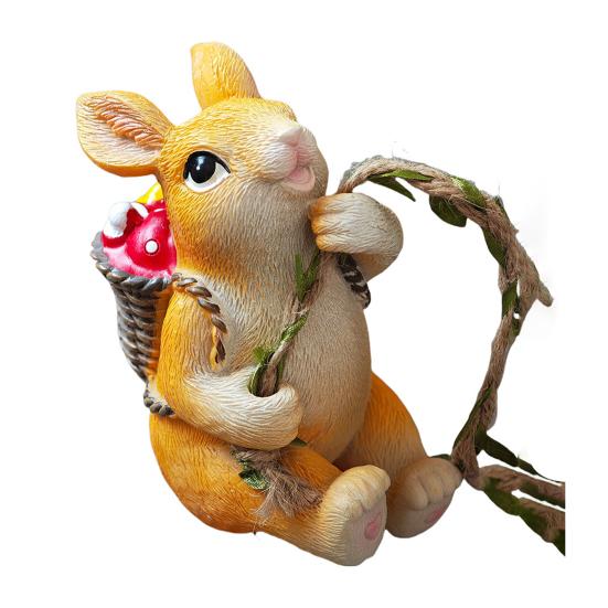 Hanging Swing Statue Resin Craft Rabbit Ornament with Imitation Rattan Rope Tree Stump Base Small Portable Home Garden Decoration