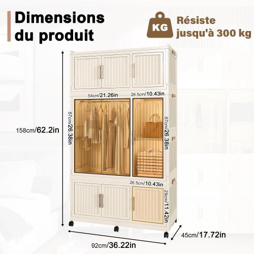 Foldable Modular Plastic Wardrobe with Magnetic Doors, Casters and Clothes Rail, Storage Cabinet for Bedroom Apartment
